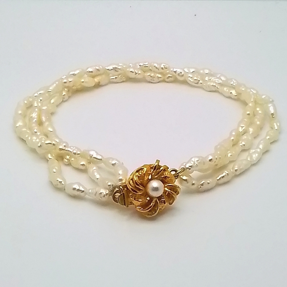 Vintage Triple Strand Freshwater Rice Pearl Bracelet with Floral Gold Clasp